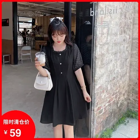 【清仓】新款方领黑色拼接雪纺波点法式遮肚子显瘦大码连衣裙胖MM商品大图