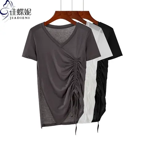 夏季新款韩版中长款V领修身不规则开叉抽绳短袖体恤上衣内搭女装商品大图