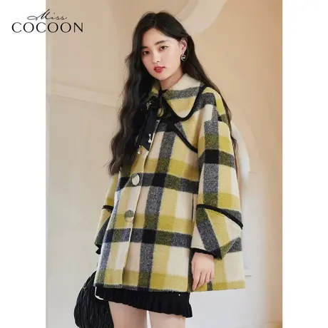 missCOCOON格子毛呢外套女2022新款秋冬季复古宽松斗篷式呢子大衣商品大图