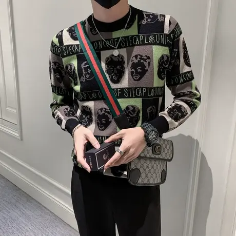 秋冬男士毛衣针织衫线衣打底衫花色满印个性快手修身套头潮流个性商品大图