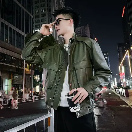 高级感美式机车工装皮衣男潮流休闲男装外套秋冬季潮牌痞帅皮夹克图片