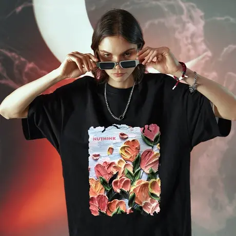 Nuthink宽松油画花卉短袖T恤男潮牌国潮加肥加大男款潮流大码上衣商品大图