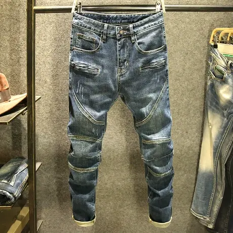 春秋款拼接牛仔裤男潮牌修身小脚裤子弹力韩版复古高端机车做旧厚商品大图