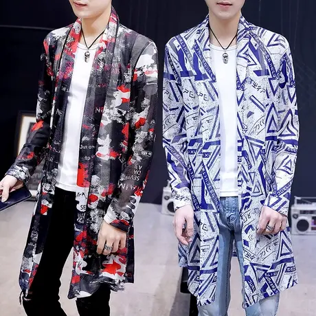 夜场男个性披风夏季韩版潮流中长款防晒外套男士翻领帅气网眼风衣图片