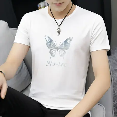 莫代尔男士短袖t恤夏季潮流潮牌白色衣服圆领冰丝青年半袖打底衫商品大图