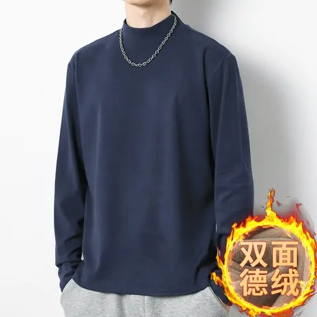 长袖t恤男装2023新款德绒双面绒半高领打底衫秋冬季保暖中领秋衣商品大图