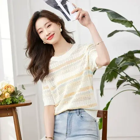 时尚气质温柔减龄短袖针织衫女士2023年百搭透气显瘦百搭上衣图片