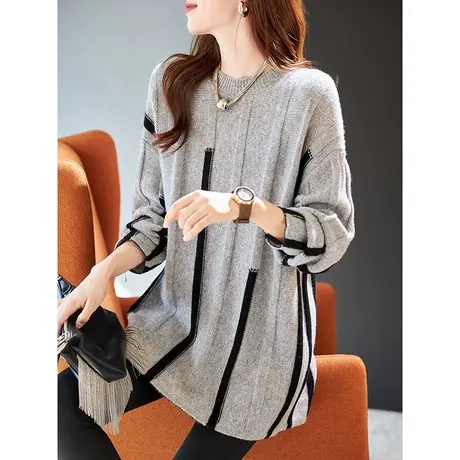 宝诗黎圆领宽松羊毛针织衫女春季时尚条纹打底慵懒毛衣2024年新款商品大图