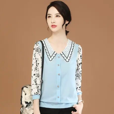 韩潮袭人娃娃领七分袖雪纺衫上衣女2023夏拼接百搭显瘦T恤薄商品大图