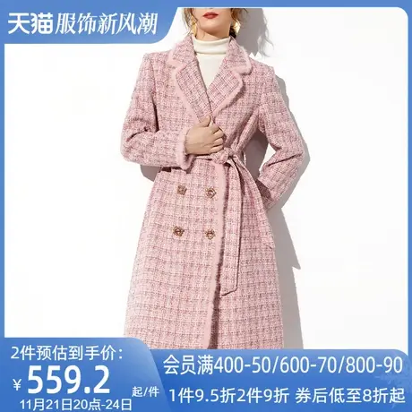 AUI粉色格子中长款修身毛呢外套女2024冬新款欧美风收腰呢子大衣商品大图