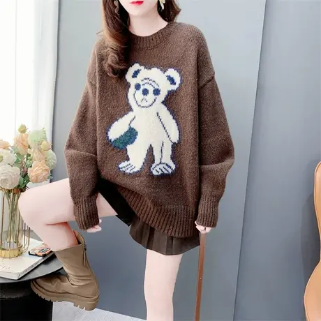 秋冬女装时尚减龄撞色卡通小熊毛衣女休闲宽松圆领套头长袖针织衫商品大图