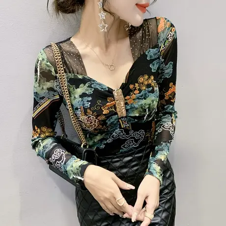 性感V领气质女装复古印花长袖T恤网纱拼接上衣紧身打底衫女春秋潮图片