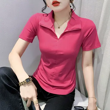 个性网红T恤女短袖2024夏装新款设计感拉链翻领上衣百搭洋气小衫商品大图