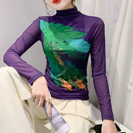 2024秋季半高领T恤女长袖性感网纱扎染印花透气上衣洋气修身小衫商品大图