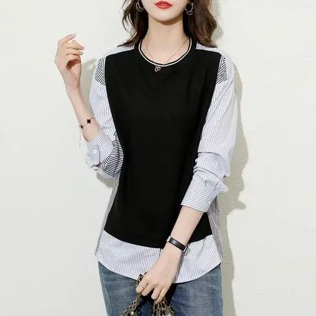 早秋ins风女装假两件上衣2023新款打底衫女春秋季长袖t恤洋气小衫商品大图