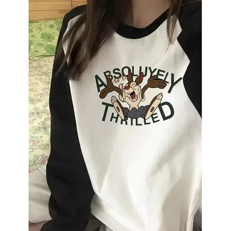 撞色长袖T恤女纯棉宽松韩版小个子上衣内搭插肩袖打底衫2023秋冬商品大图