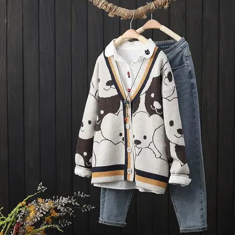 女装2022新款秋季宽松V领长袖针织开衫文艺提花宽松显瘦毛衣外套图片