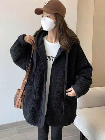 时尚连帽羊羔毛外套女冬季爆款2023新款宽松休闲气质中长款上衣女商品大图