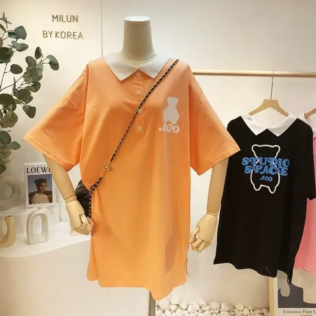 2021夏季新款POLO领连衣裙韩国东大门字母小熊中长款T恤裙子大码商品大图