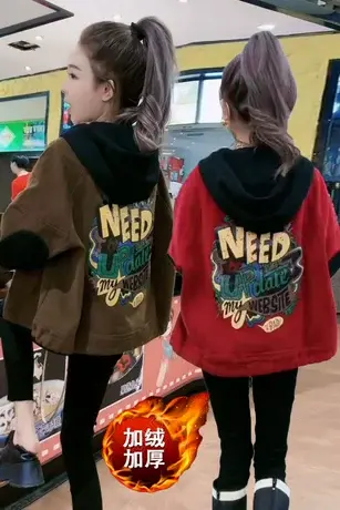 2023新款秋冬季高级感炸街连帽加绒外套女韩版休闲ins潮印花上衣商品大图