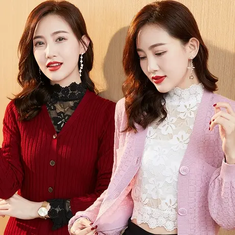 假领子弹力纯色修身蕾丝打底衫女2022秋冬百搭显瘦上衣t恤内搭仙商品大图