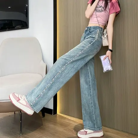潮牌阔腿牛仔裤女2023年春季新款高腰窄版宽松显瘦ins小众直筒裤商品大图