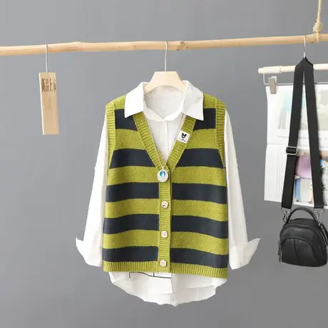 条纹针织开衫女无袖毛衣宽松外搭马甲背心针织衫秋款2024新款上衣图片