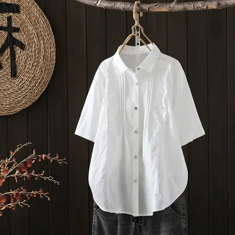 枫谜2023年夏季新款文艺花边棉麻短袖衬衫女宽松透气亚麻衬衣上衣图片