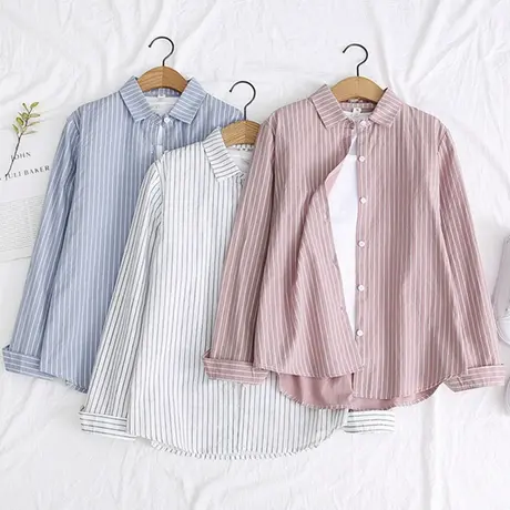 2019春秋季新款简约竖条纹衬衣女Polo衫上衣长袖宽松bf衬衫薄外套图片