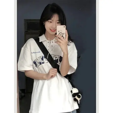 美式复古polo衫短袖t恤女夏季大码宽松设计感小众别致上衣服ins潮商品大图