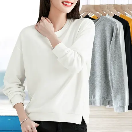 白色卫衣女春秋款套头宽松显瘦简约内百搭打底衫两边开叉圆领上衣图片