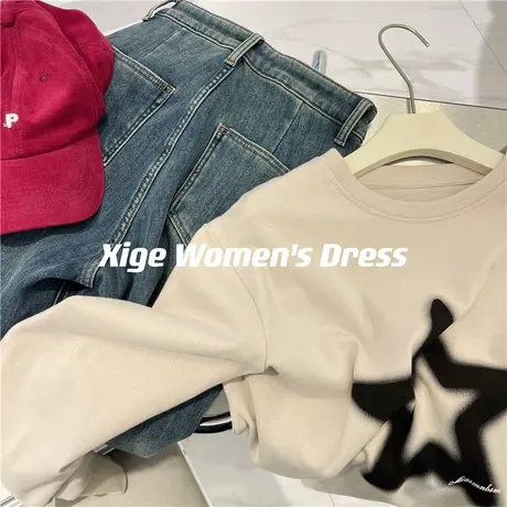 磨毛加厚星星印花早春长袖T恤女宽松百搭圆领休闲体恤上衣打底tee商品大图