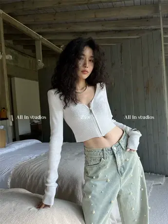 2023春季新款韩版修身显瘦百搭辣妹高腰短款拉链针织衫洋气上衣女商品大图