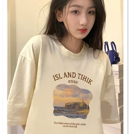 纯棉短袖正肩t恤女春夏季宽松小众别致漂亮奶系上衣服小个子女士图片