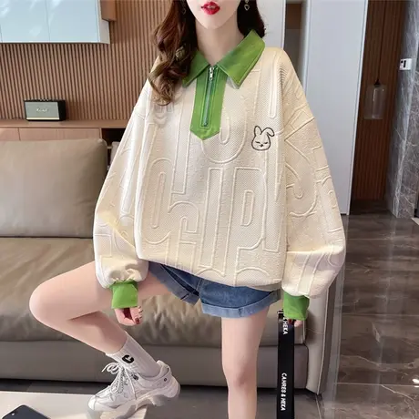 翻领polo衫卫衣女春秋季韩版宽松薄款小个子假两件兔子上衣服外套图片