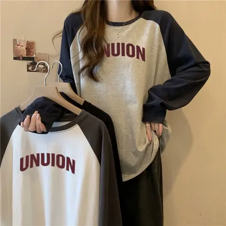 拼接撞色插肩袖上衣宽松秋冬德绒保暖外穿打底衫加绒加厚长袖T恤商品大图