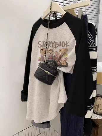 秋季纯棉内搭上衣胖mm大码插肩袖长袖t恤女潮牌ins港味复古打底衫商品大图