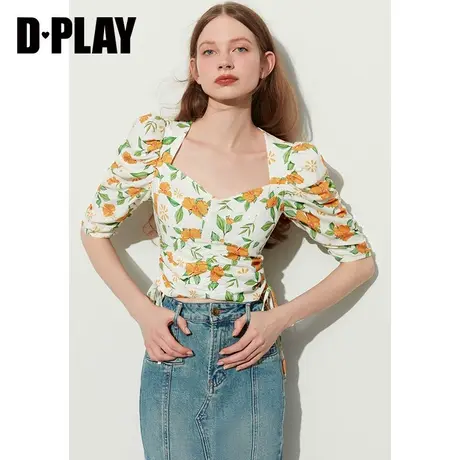 DPLAY夏新度假风夏日橘杏宫廷领羊腿袖抽绳印花小衫上衣图片
