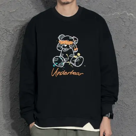 2021秋冬新款男士卫衣宽松小熊刺绣韩版长袖外套潮假两件商品大图