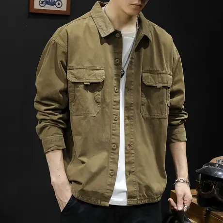 美式复古衬衫男潮牌多口袋春季2024新款休闲男士工装外套衬衣春秋商品大图