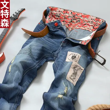 夏季透气薄款潮流贴布补丁男士浅色磨烂破洞牛仔裤青年直筒裤子男图片