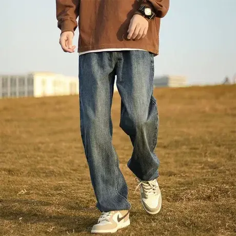 直筒牛仔裤男夏季复古水洗做旧显瘦长裤子美式潮牌宽松冰丝休闲裤商品大图