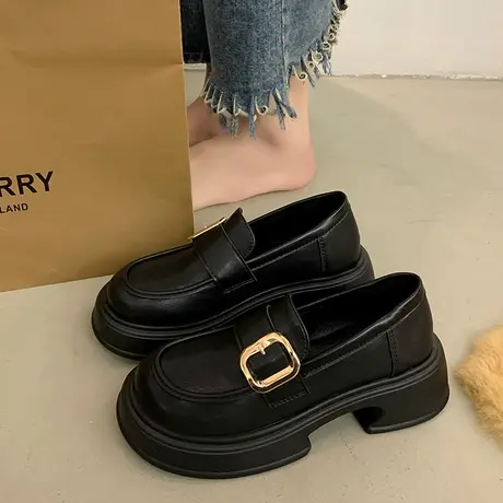 英伦风厚底小皮鞋女2023秋冬季新款一脚蹬加绒单鞋黑色工作乐福鞋商品大图