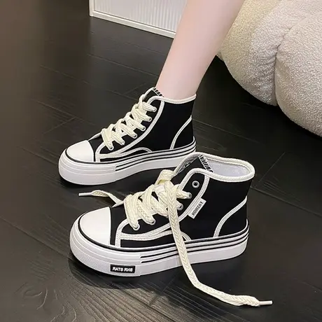 小白鞋ins潮女2023新款秋季学生高帮百搭小众原创厚底帆布板鞋子商品大图