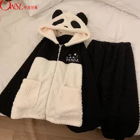 熊猫连帽睡衣女冬季2023年新款加厚网红可外穿拉链家居服商品大图