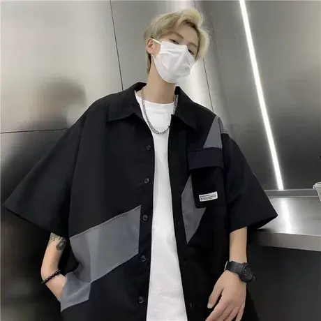 设计感拼接短袖衬衫男夏季日系Cityboy宽松休闲翻领工装衬衣外套商品大图