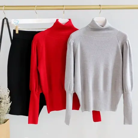 【直播】粉红大布娃娃时尚高领羊腿袖显瘦羊毛衫图片