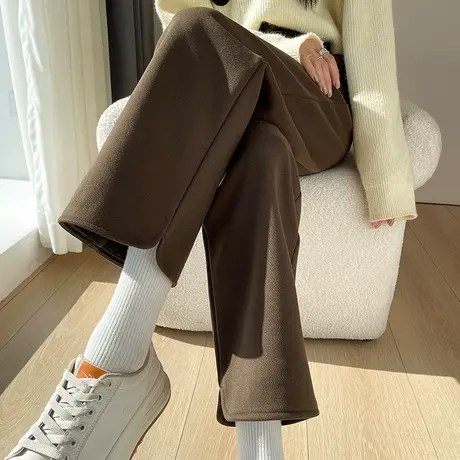 小个子毛呢直筒裤女2024春秋新款加绒加厚高腰宽松九分阔腿休闲裤商品大图