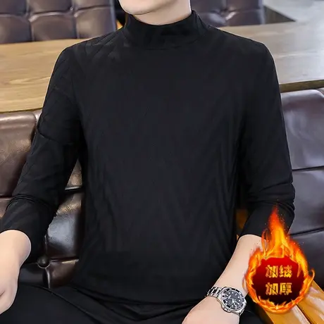 加绒打底衫男秋冬季新款潮流半高领长袖T恤内搭加厚保暖冬装衣服商品大图