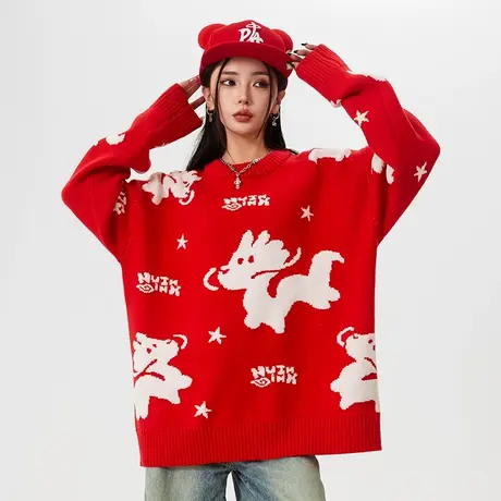 Nuthink国潮套头提花红色针织衫龙年本命年毛衣男潮春节喜庆衣服商品大图